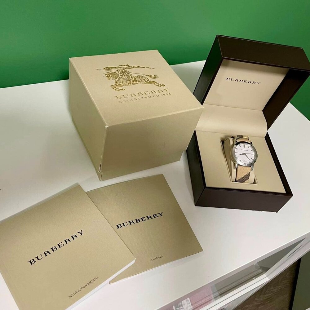 Used BURBERRY Swiss Watch BU1390-White Plaid Dial with Signature Leather Band